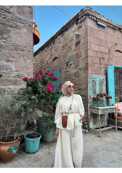 Kadın Keten Ekru Pantolon Bluz Tesettür Takım fiyatları