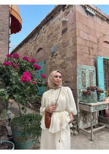 Kadın Keten Ekru Pantolon Bluz Tesettür Takım modelleri