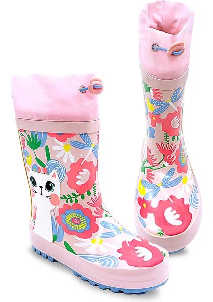 Kedi Çiçekli Kız Çocuk Pembe Yağmur Botu