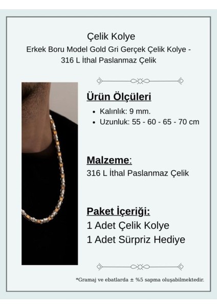 Erkek Gold Gri Boru Model Gerçek Çelik Kolye - 316 L Ithal Paslanmaz Dayanıklı Çelik Kolye fiyatları