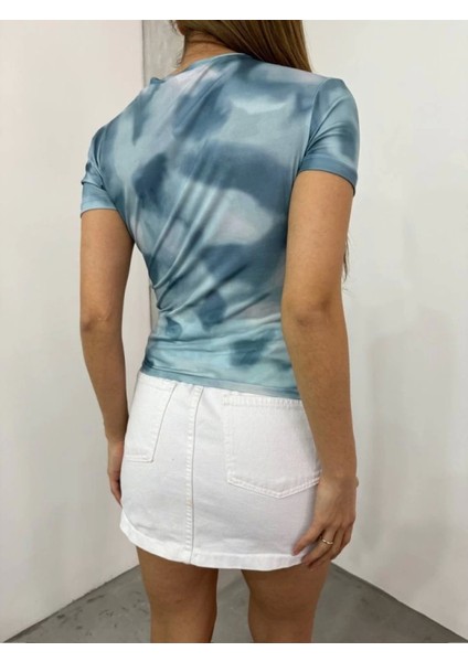 Bel Omuz Büzgülü Batik Baskı Sendy Bluz -Açık Mavi fırsatları