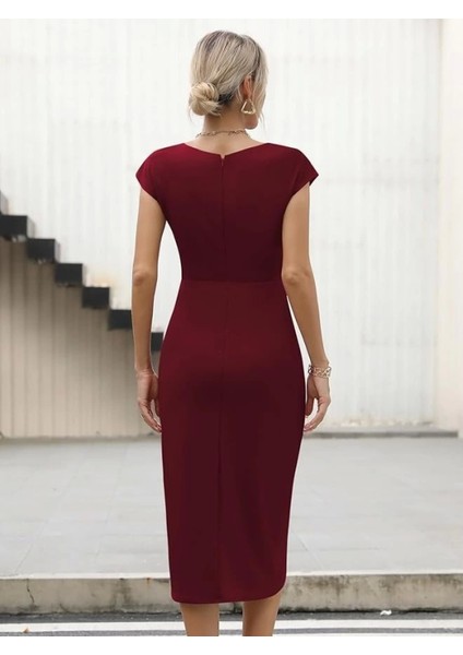 Kadın Yarım Ay Kollu Bisiklet Yaka Yandan Drapeli Ithal Krep Elbise fiyatları