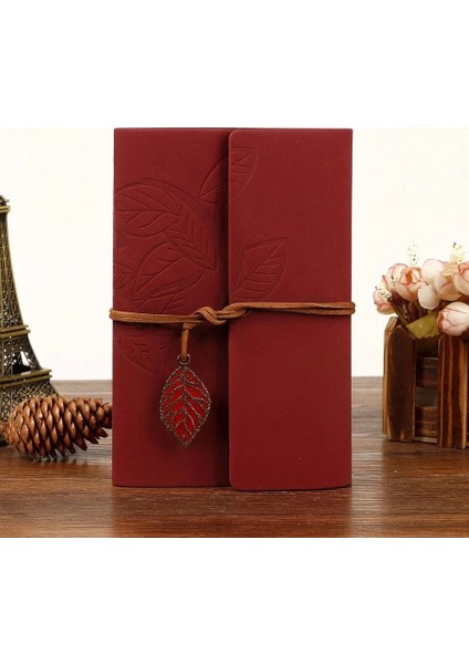 Yaprak Baskılı Deri Kapaklı Özel Tasarım Hediyelik Deri Kaplı Ajanda Anı-Not Defteri Kırmızı Ithal Ürün 14X11CM