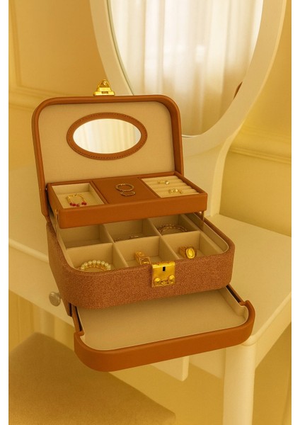 Otomatik Açılır Kapanır Kilitli 2 Çekmeceli Takı Bijuteri Mücevher Kutusu Organizer Düzenleyici Kahverengi Ithal Ürün