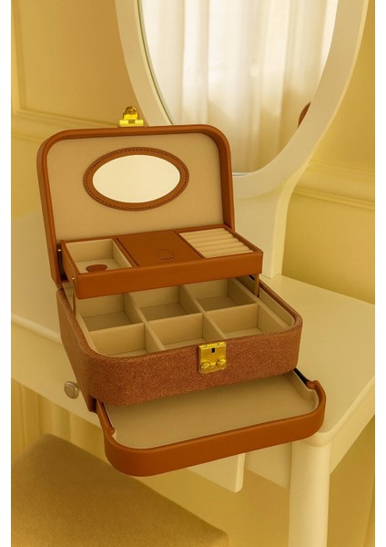 Otomatik Açılır Kapanır Kilitli 2 Çekmeceli Takı Bijuteri Mücevher Kutusu Organizer Düzenleyici Kahverengi Ithal Ürün fiyatları