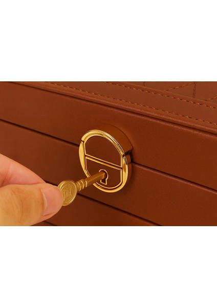 Otomatik Açılır Kapanır Kilitli 2 Çekmeceli Takı Bijuteri Mücevher Kutusu Organizer Düzenleyici Kahverengi Ithal Ürün fırsatları