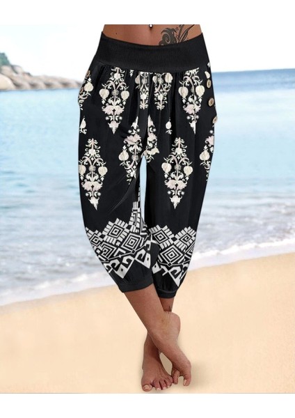 Kadın Beli Lastikli Etnik Desenli Kapri Süprem Pantolon modelleri