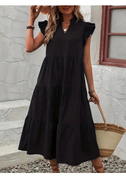 Kadın Kısa Kollu V Yakalı Geniş Kesim Uzun Trikoton Elbise fiyatları