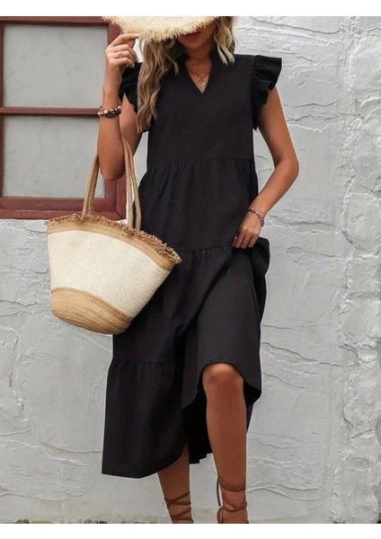 Kadın Kısa Kollu V Yakalı Geniş Kesim Uzun Trikoton Elbise fırsatları