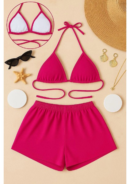 Kadın Fuşya Şortlu Belden ve Boyundan Bağlamalı Bikini Takımı modelleri
