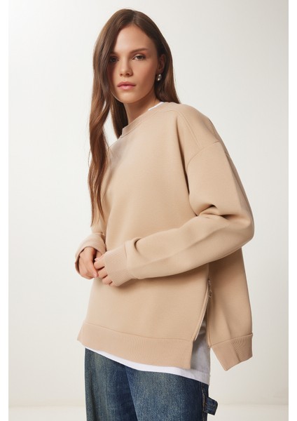 Fermuar Detaylı Şardonlu Sweatshirt LUB0003 Vizon