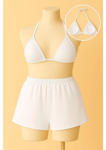 Kadın Beyaz Şortlu Belden ve Boyundan Bağlamalı Bikini Takımı