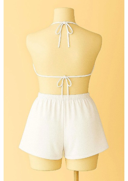 Kadın Beyaz Şortlu Belden ve Boyundan Bağlamalı Bikini Takımı fiyatları