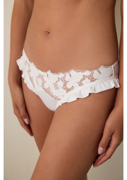 Kırık Beyaz Broderi Çiçek Desenli Gelin Brazilian Külot