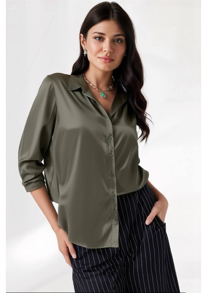 Kadın Haki Hafif Dökümlü Saten Yüzeyli Gömlek HZL22W-BD139641