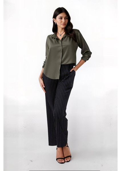 Kadın Haki Hafif Dökümlü Saten Yüzeyli Gömlek HZL22W-BD139641 fiyatları