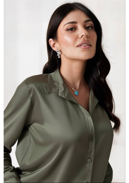 Kadın Haki Hafif Dökümlü Saten Yüzeyli Gömlek HZL22W-BD139641 modelleri