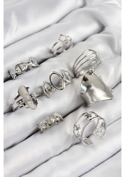 Pirinç Sarmal ve Yıldız Model Gümüş Renk Kadın Yüzük Kombin Set - TJ-BYK3812