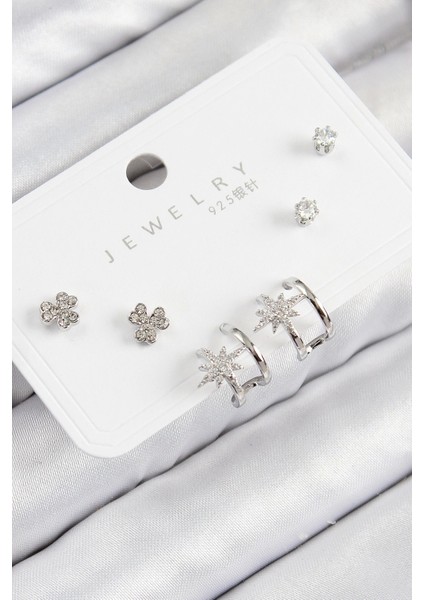 Pirinç Zirkon Taşlı Kutup Yıldızı Model Gümüş Renk 925 Ayar Gümüş Çivi Kadın Küpe Set - TJ-BKP11167