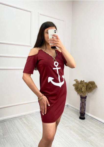 Fermuar Detay Çıpa Baskılı Zincir Askılı Iki Iplik Elbise - Bordo fiyatları
