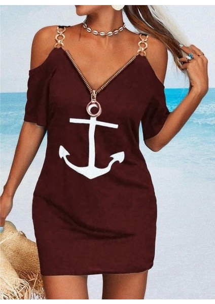 Fermuar Detay Çıpa Baskılı Zincir Askılı Iki Iplik Elbise - Bordo modelleri