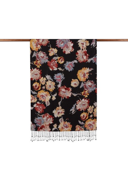 Katmerli Şakayık Desenli Ipek Şal 05804 Siyah