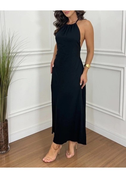 Kadın Boyundan Askılı Halter Kollu Viskon Elbise