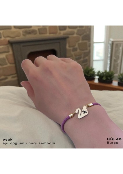 Altın Plakalı 14 Ayar Oğlak Burçlarına Özel Kuğu Kuşu Figürlü Mor Örgülü Hediye BILEKLIK-605BURÇ