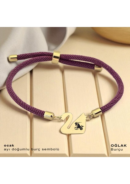 Altın Plakalı 14 Ayar Oğlak Burçlarına Özel Kuğu Kuşu Figürlü Mor Örgülü Hediye BILEKLIK-605BURÇ fiyatları