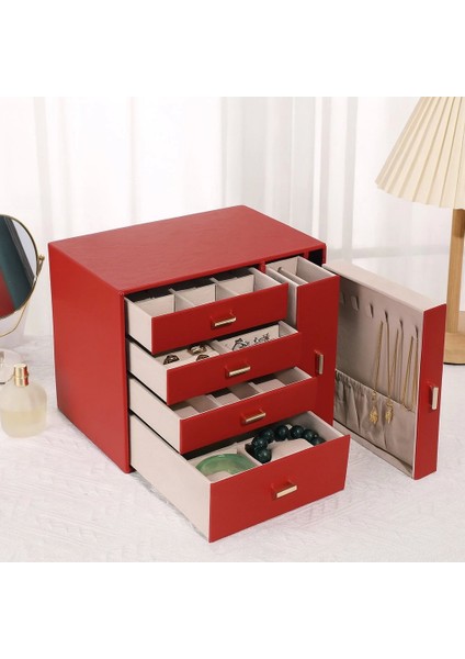 Dışı Deri Içi Kadife 6 Çekmeceli Takı Bijuteri Mücevher Kutusu Organizer Düzenleyici Kırmızı Ithal Ürün fiyatları