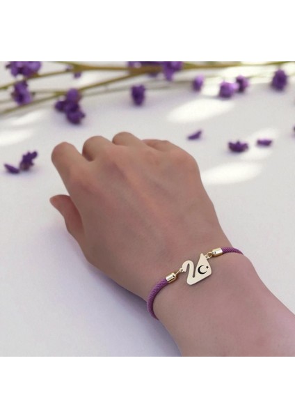 Altın Plakalı 14 Ayar Ay Yıldız Temalı Mor Örgülü Kuğu Kuşu Figürlü Hediye BILEKLIK-605SEMBOL