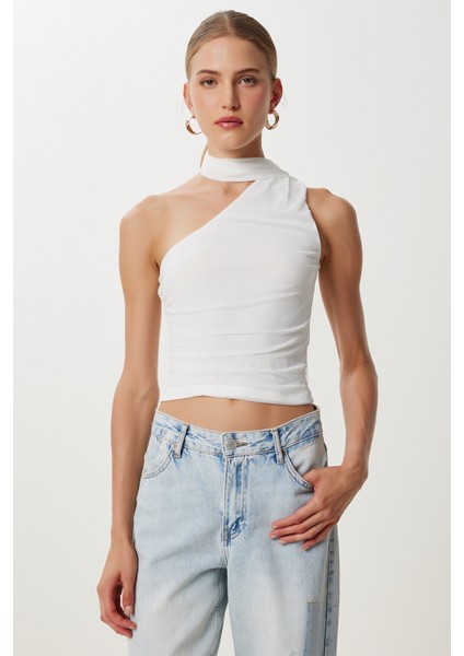 Tek Omuz Fularlı Tül Bluz LUB0217 Ekru fiyatları