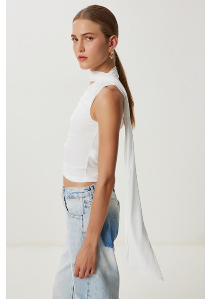 Tek Omuz Fularlı Tül Bluz LUB0217 Ekru modelleri