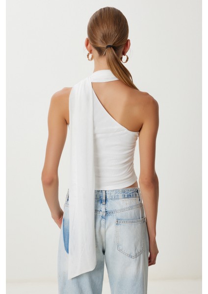 Tek Omuz Fularlı Tül Bluz LUB0217 Ekru indirimleri