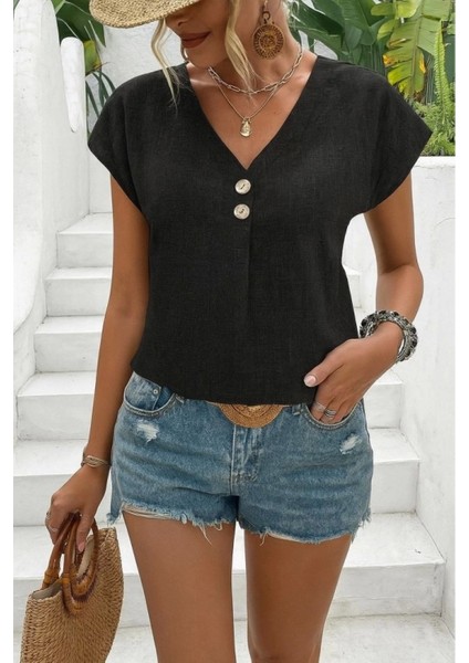 Kadın Kısa Kollu V Yakalı Düğmeli Keten Bluz