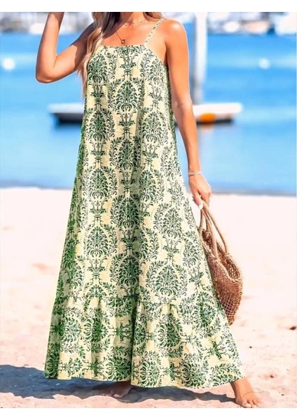 Kadın Ip Askılı Desenli Fırfırlı Süprem Elbise