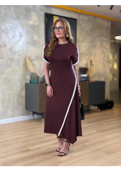 Kadın Kısa Kollu Bisiklet Yaka Çift Şerit Renk Detaylı Asimetrik Kesim Viskon Iki Iplik Elbise