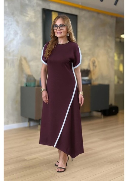 Kadın Kısa Kollu Bisiklet Yaka Çift Şerit Renk Detaylı Asimetrik Kesim Viskon Iki Iplik Elbise fiyatları