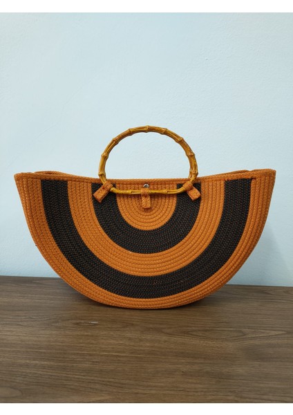 Beach, Kadın Siyah El Çantası, Turuncu Hasır Handmade El Yapımı Günlük Çanta, Plaj Çantası