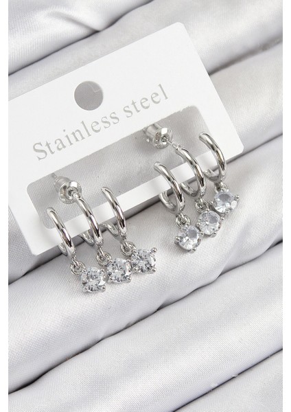 Pirinç Sallantılı Zirkon Taşlı Model Gümüş Renk Kadın Küpe - TJ-BKP11098