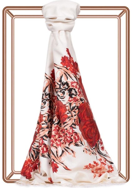 Saray Bahçesi Desenli Ipek Şal 02677 Beyaz - Kırmızı fiyatları