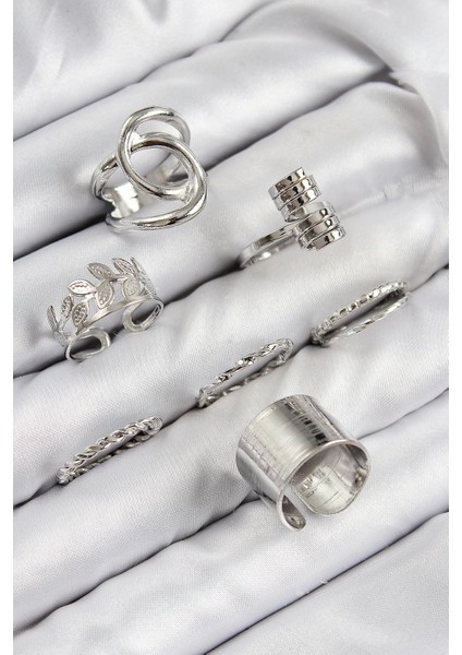 Pirinç Yaprak Model Gümüş Renk Kadın Yüzük Kombin Set - TJ-BYK3818