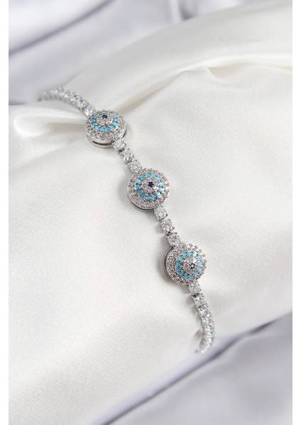 Pirinç Zirkon Taşlı Nazar Model Gümüş Renk Kadın Bileklik - TJ-BB7704