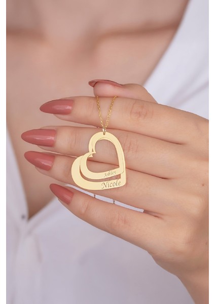 Altın Kaplama İsimli Çift Kalp Plaka Gümüş Bayan Kolye fiyatları