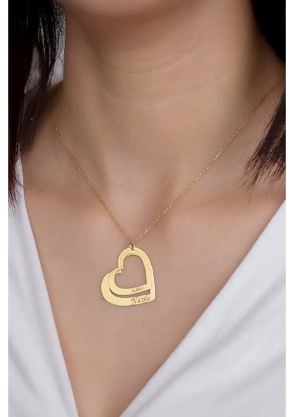 Altın Kaplama İsimli Çift Kalp Plaka Gümüş Bayan Kolye modelleri