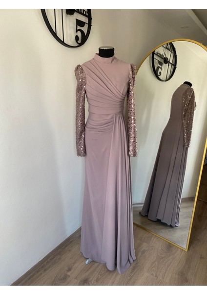 Krep Kolları Işleme Detaylı Abiye Elbise Vizon