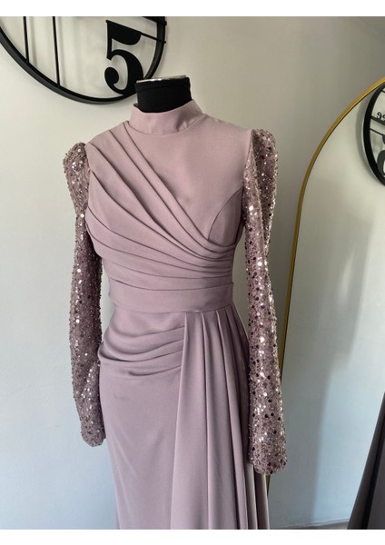 Krep Kolları Işleme Detaylı Abiye Elbise Vizon fiyatları