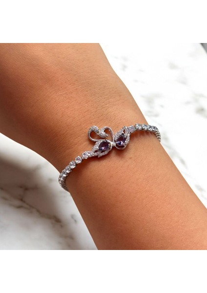 Mor Taşlı Kuğu Figürlü Sıralı Taşlı Çelik Klipsli Bileklik fiyatları
