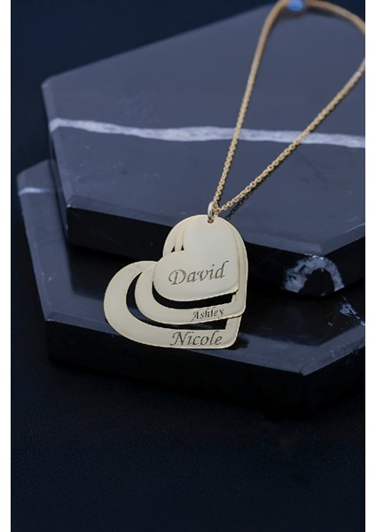 Altın Kaplama Kalpli Üç İsimli Gümüş Bayan Kolye