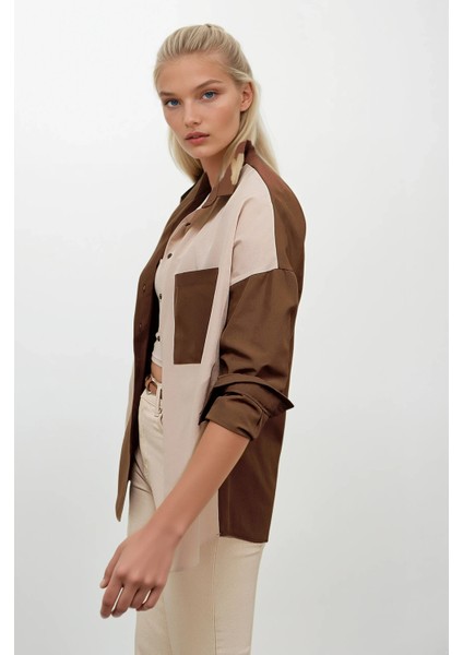 Kadın Kahverengi Krem Renk Bloklu Oversize Poplin Basic Gömlek HZL22S-BD1201161 fırsatları